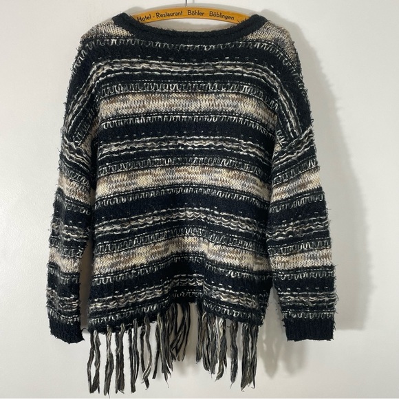 Altar’d State Boho Fringe Vee Neck Black & Tan Striped Sweater Size S - Picture 7 of 7